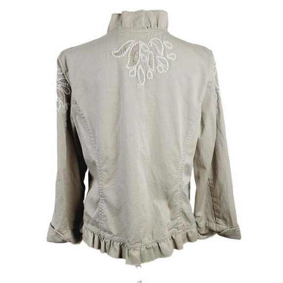 Chico's Sz 1 (Med 8) Jacket Open Front Embroidered Paisley Ruffled Trim Tan - Picture 3 of 7